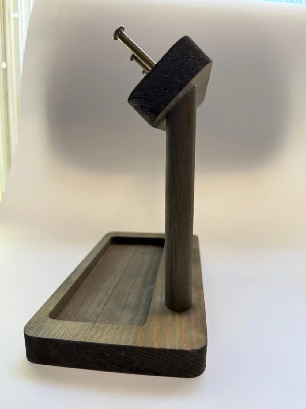 Wooden Key Organizer Stand in Dark Brown with Brass Hooks